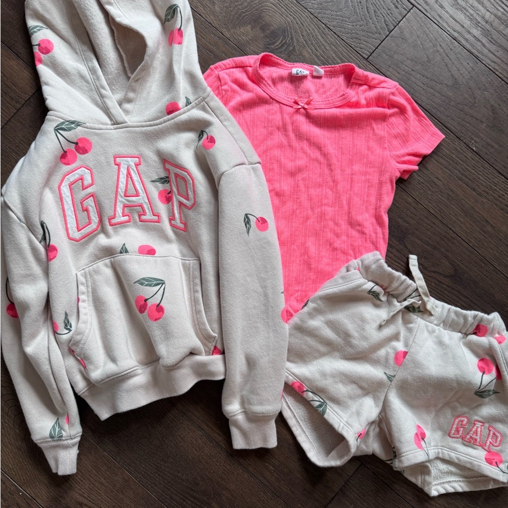 Girls GAP Beige Cherry Hoodie and Shorts with Pink Tee